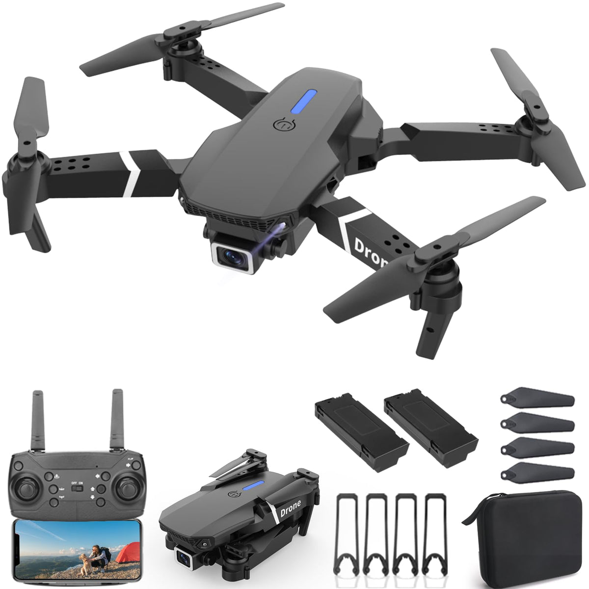 Foldable RC Quadcopter Drone with 1080P Camera, 2 Batteries, Carrying Case W707926