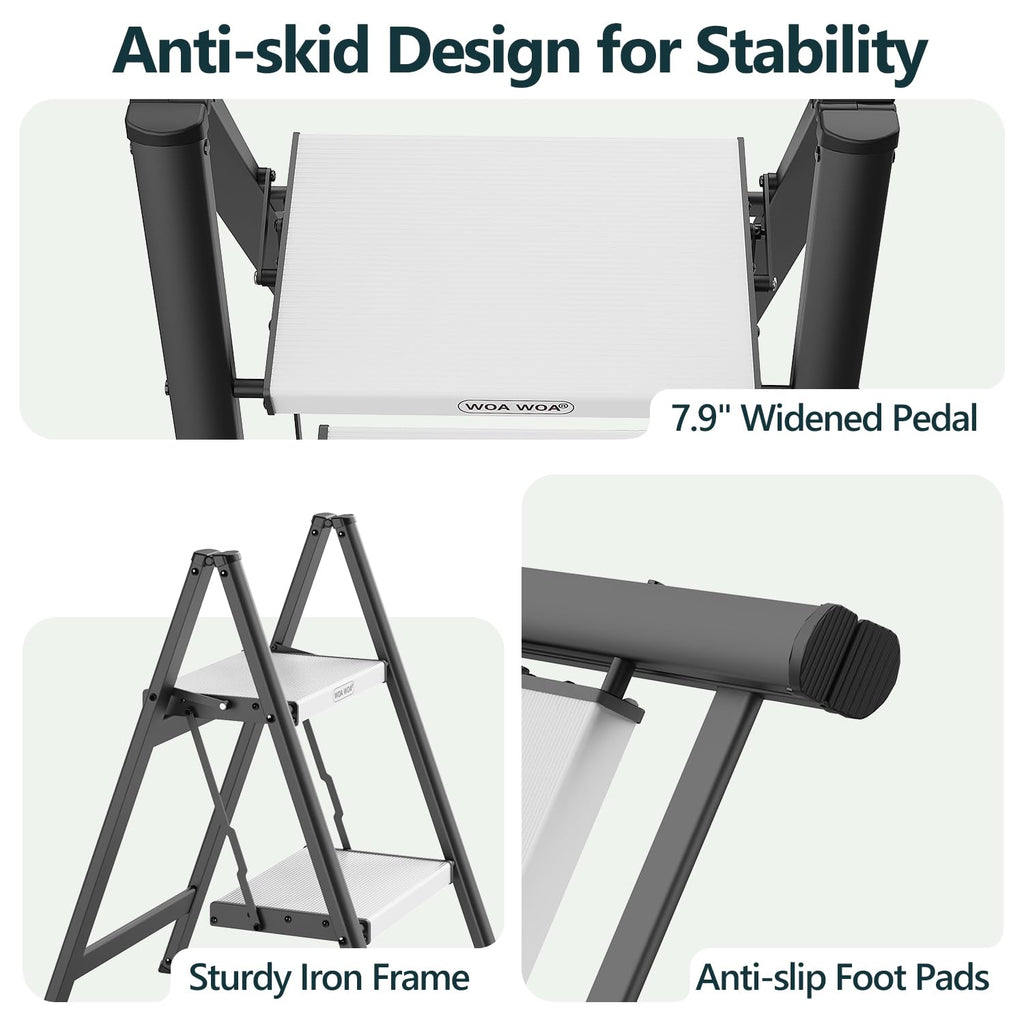 2 Step Ladder, Foldable Step Stool, 300lbs Load, Black & White D7022