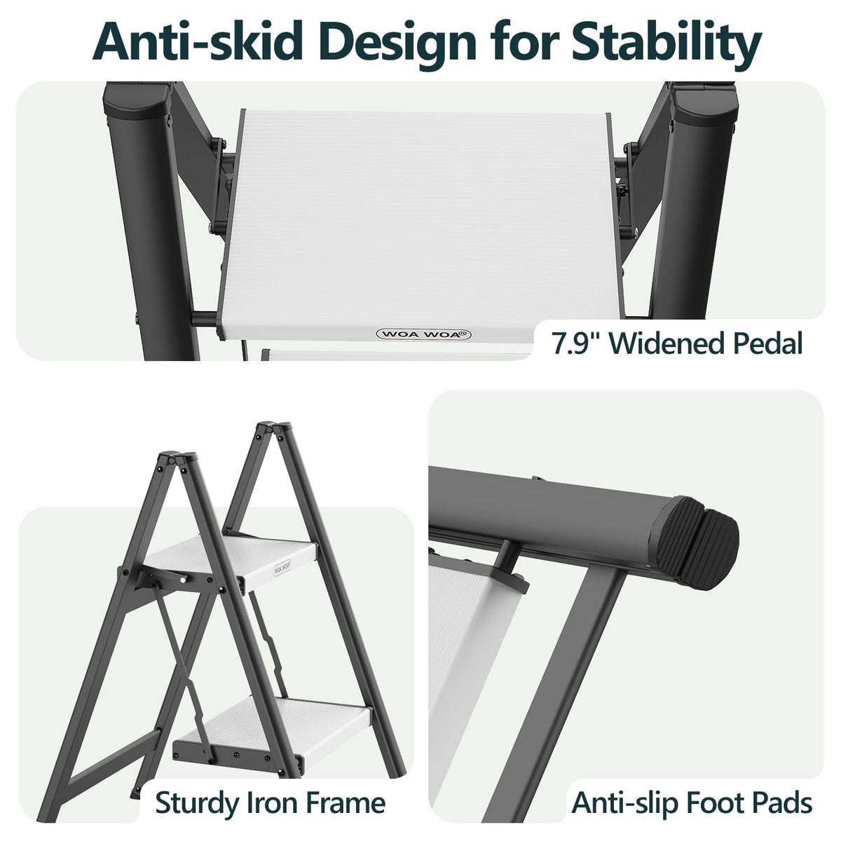 2 Step Ladder, Foldable Step Stool, 300lbs Load, Black & White D7022