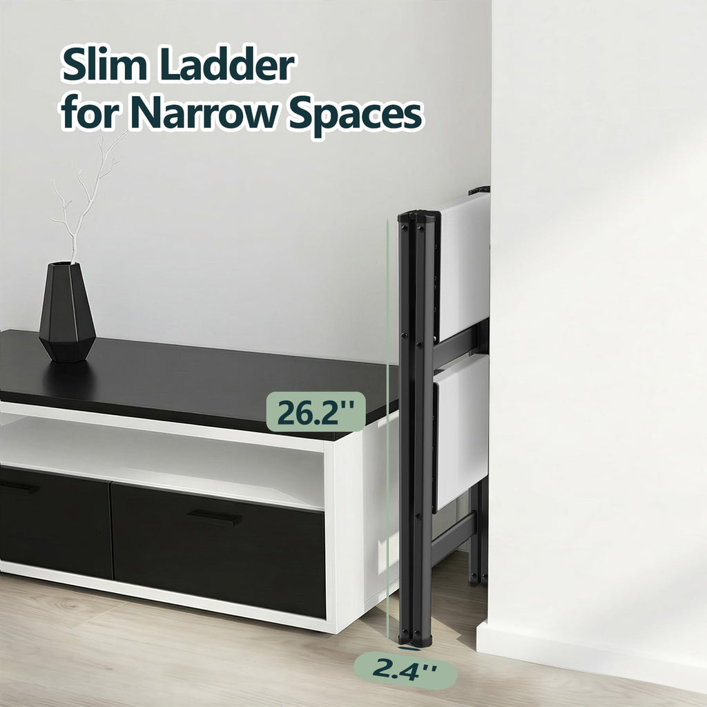2 Step Ladder, Foldable Step Stool, 300lbs Load, Black & White D7022