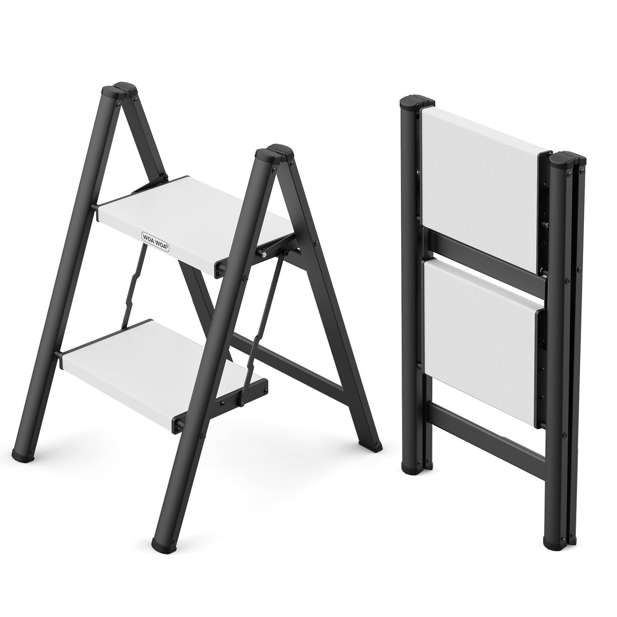 2 Step Ladder, Foldable Step Stool, 300lbs Load, Black & White D7022