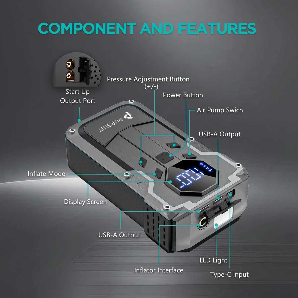 2000A Peak 150PSI Portable Jump Starter with Air Compressor T716