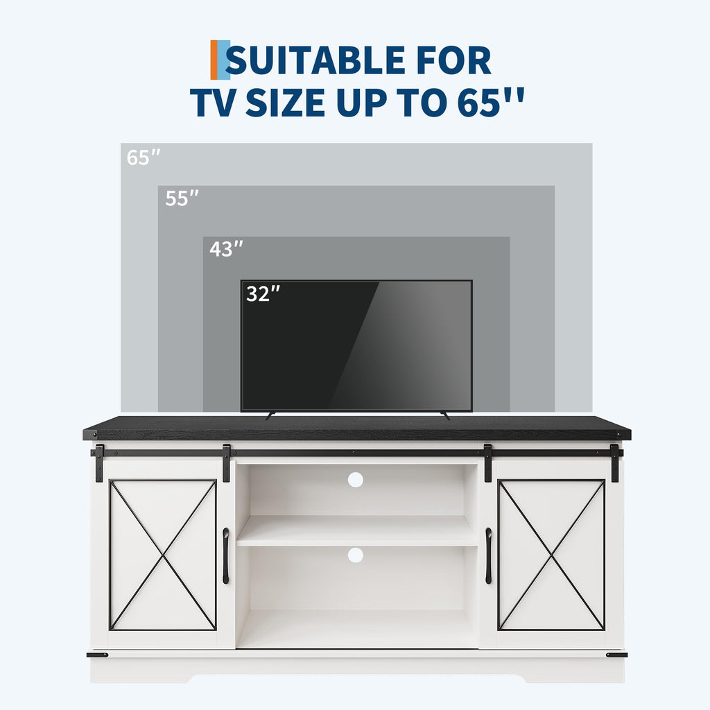 White Farmhouse TV Stand with Sliding Barn Doors V966