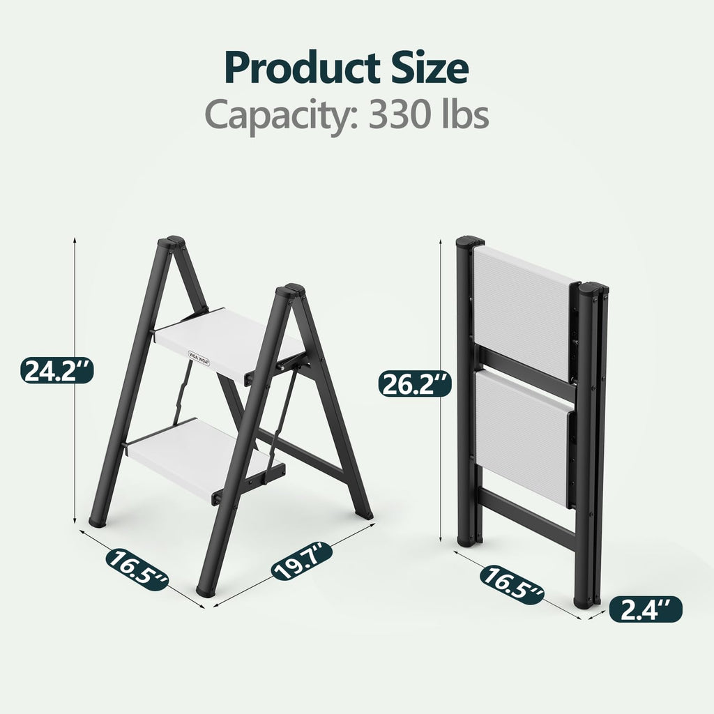 2 Step Ladder, Foldable Step Stool, 300lbs Load, Black & White D7022