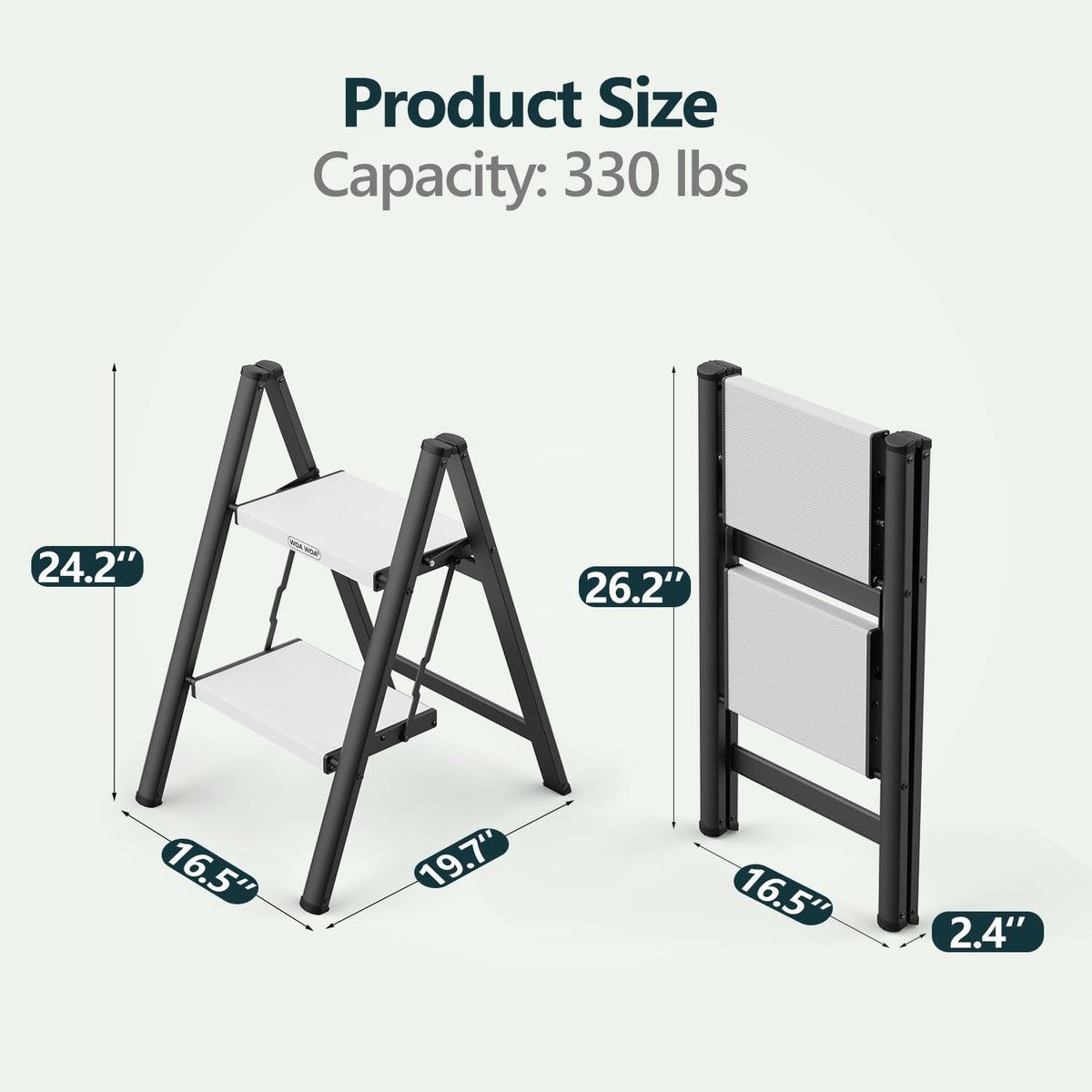 2 Step Ladder, Foldable Step Stool, 300lbs Load, Black & White D7022