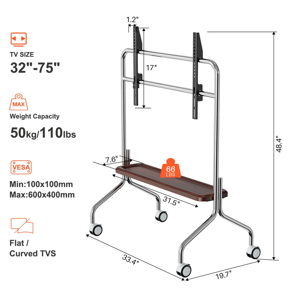 Rolling TV Stand for 32-75" TVs with Shelf I387
