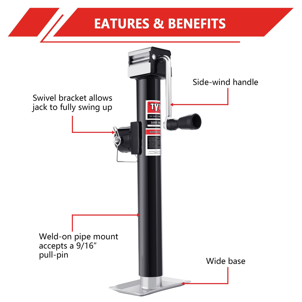 5000lbs Weld On Swivel Trailer Jack, 15" Vertical Travel L384