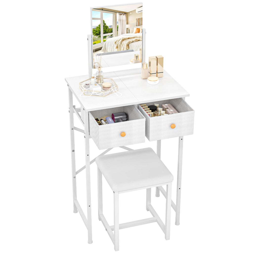 White Compact Vanity Desk with Mirror and Chair M7972