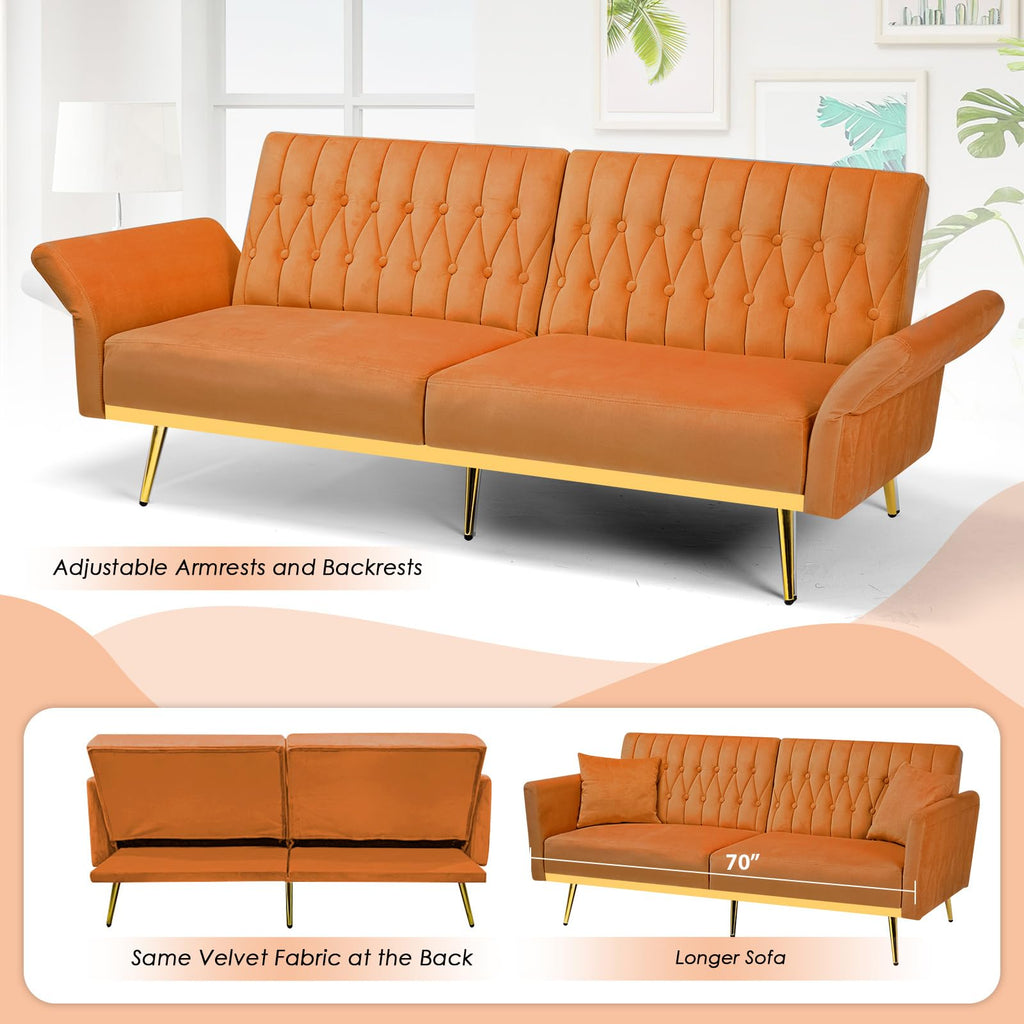 70" Velvet Futon with Adjustable Backrest and Armrests R6582