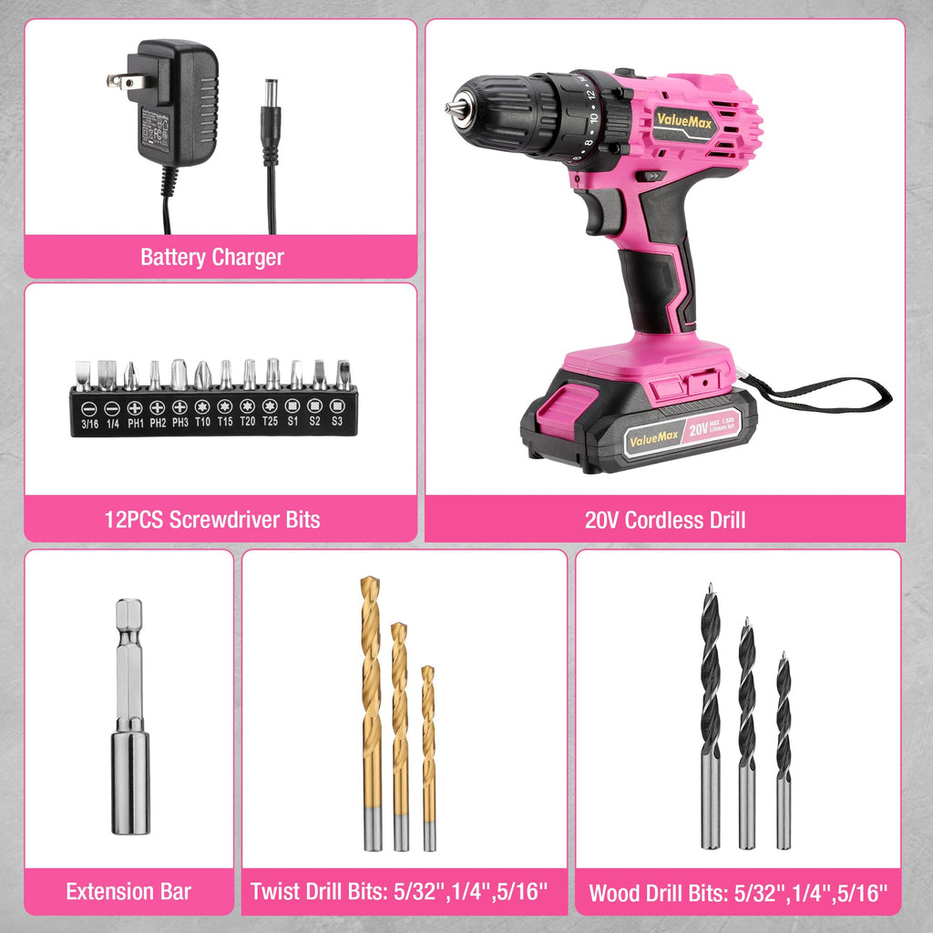 Pink 20V Cordless Drill Set with Battery and Charger Y813