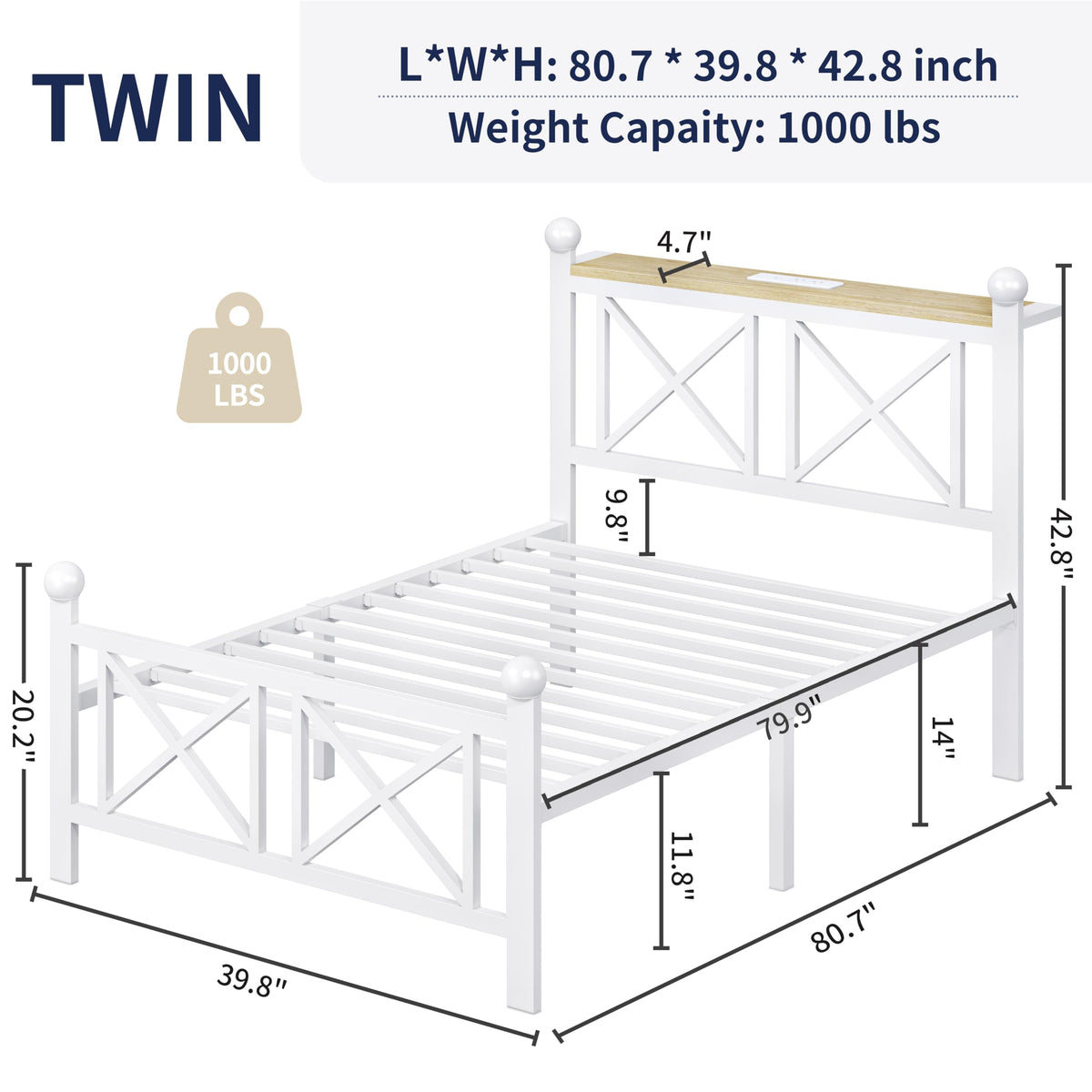 White Twin Bed Frame with Headboard and Footboard K480650