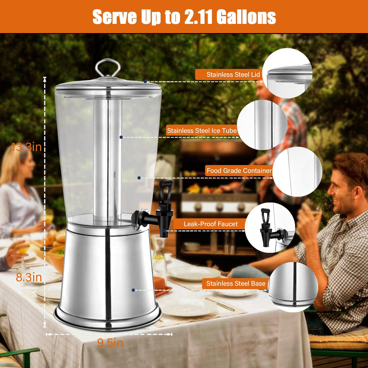 2 Gallons Stainless Steel Beverage Dispenser with Stand and Spigot O570466