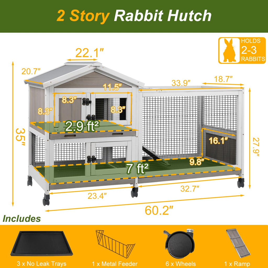 Large Rabbit Hutch with Run 2-Story Bunny Cage 6 Wheels Y228