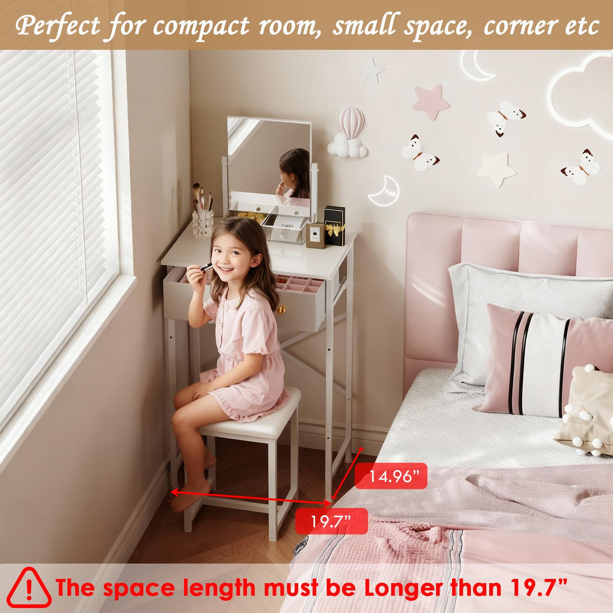 White Compact Vanity Desk with Mirror and Chair M7972