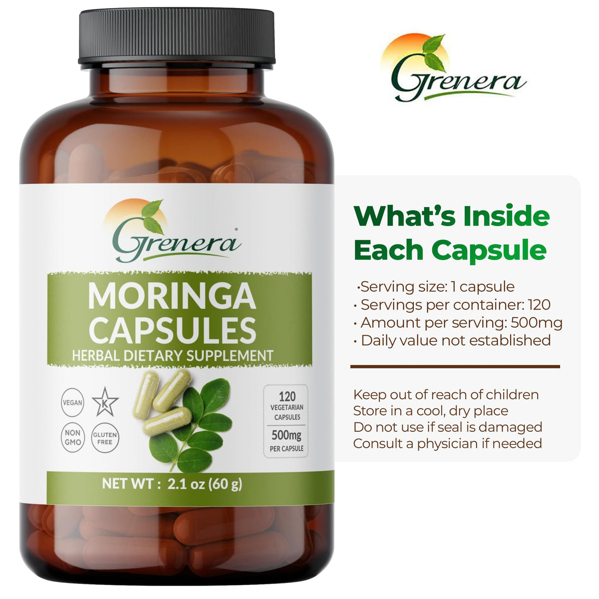 Moringa Capsules 500mg Moringa Oleifera Leaf Powder 120 Count X939009