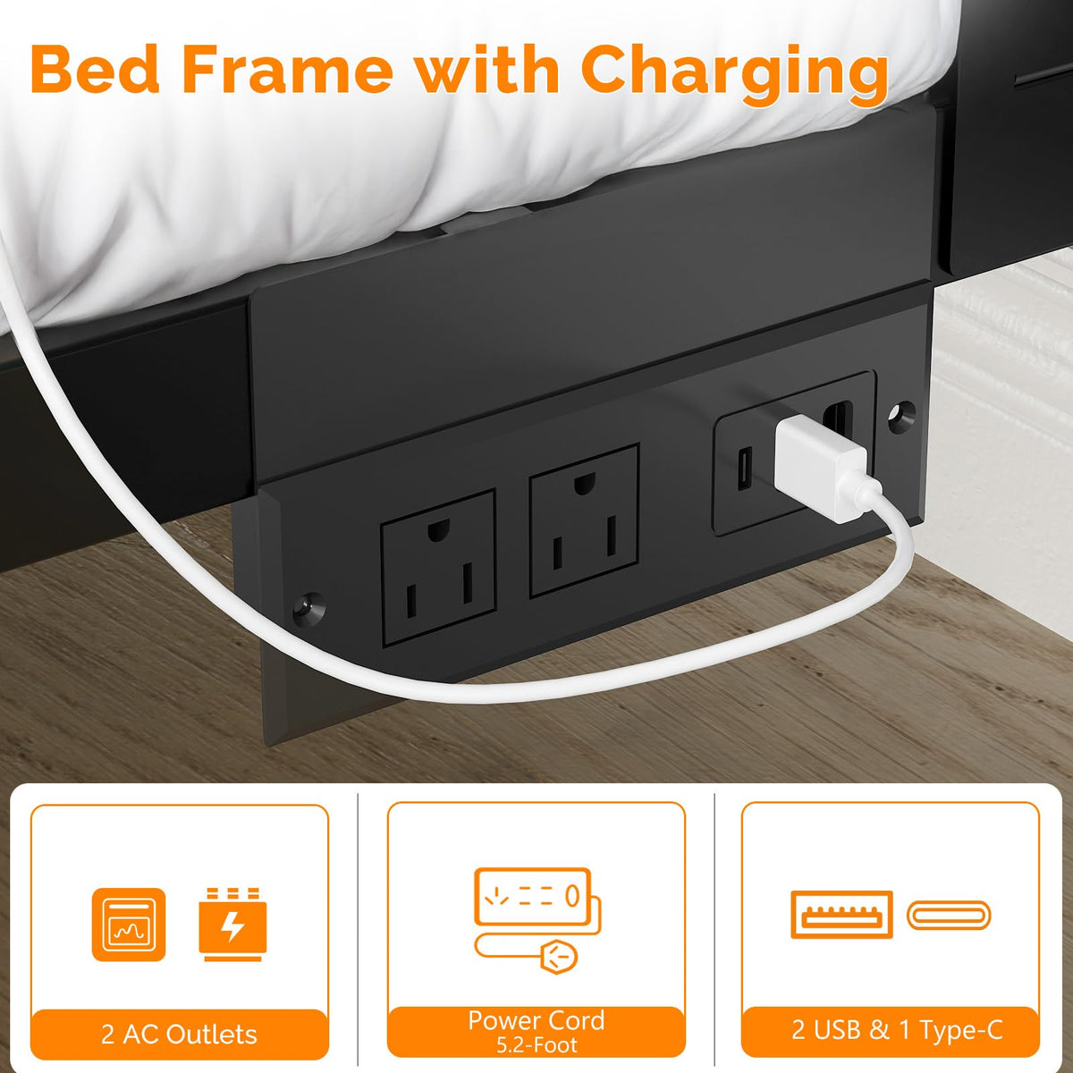 Full Size Metal Platform Bed Frame with LED Headboard and Charging Ports, Black U1842