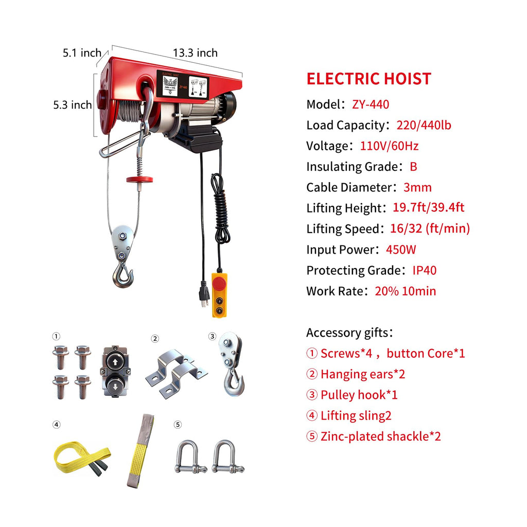 440 lbs 110V Electric Hoist with 14ft Wired Remote Control G323