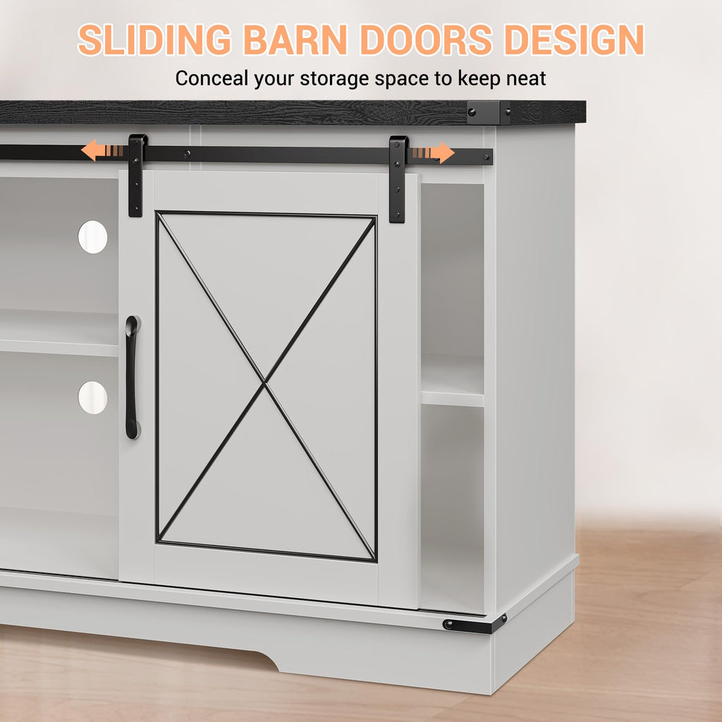 White Farmhouse TV Stand with Sliding Barn Doors V966