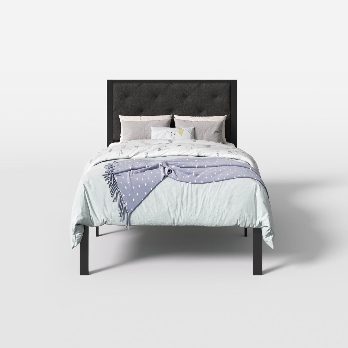 Twin Size Metal Bed Frame with Linen Tufted Headboard K938621