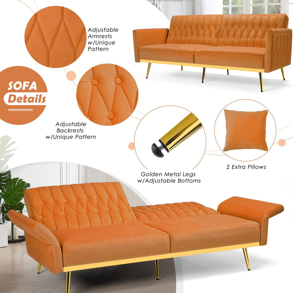 70" Velvet Futon with Adjustable Backrest and Armrests R6582