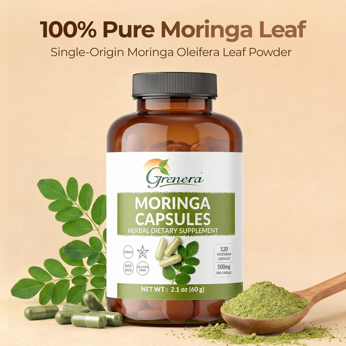 Moringa Capsules 500mg Moringa Oleifera Leaf Powder 120 Count X939009