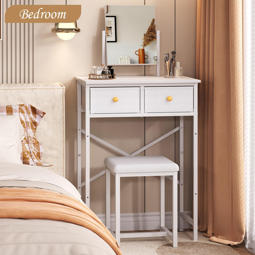 White Compact Vanity Desk with Mirror and Chair M7972