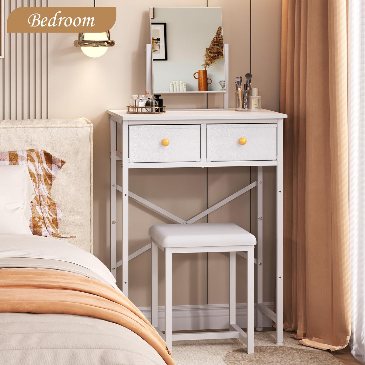 White Compact Vanity Desk with Mirror and Chair M7972