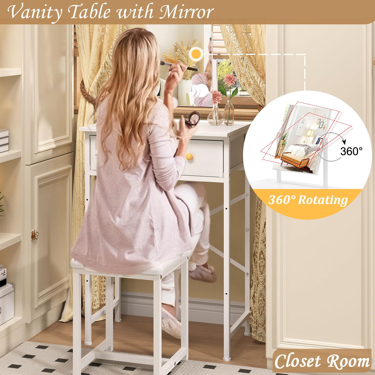 White Compact Vanity Desk with Mirror and Chair M7972