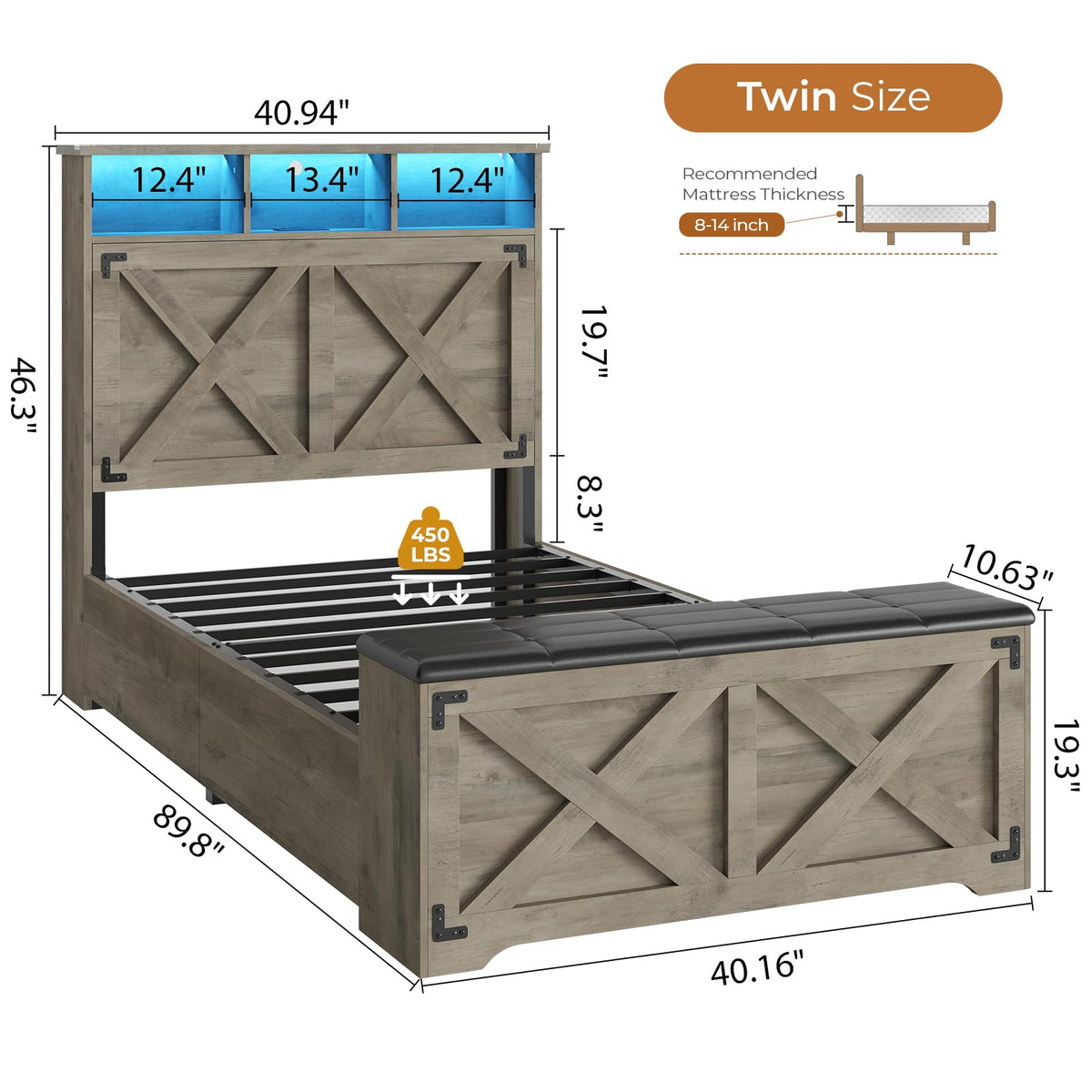 Oak Gray Wood Twin Size Bed Frame with Storage Headboard and Charging Station G498537