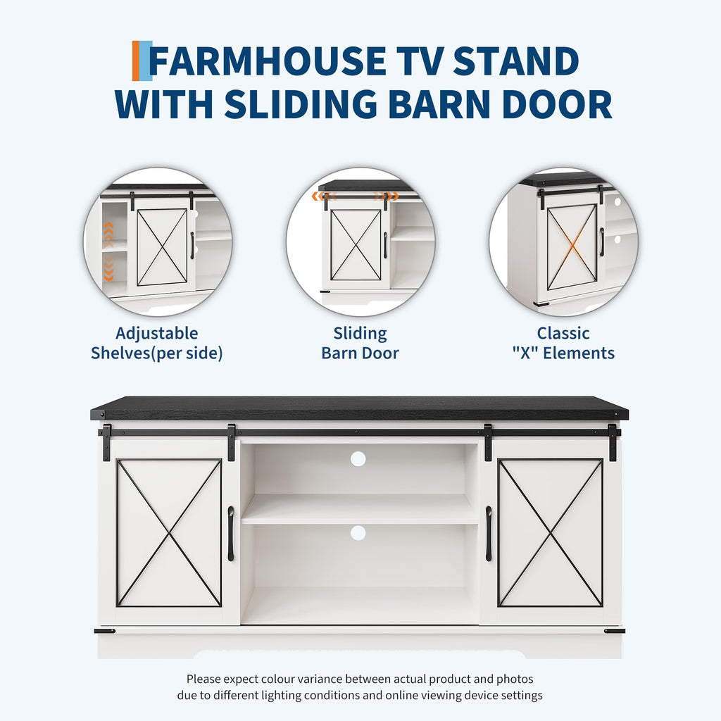 White Farmhouse TV Stand with Sliding Barn Doors V966