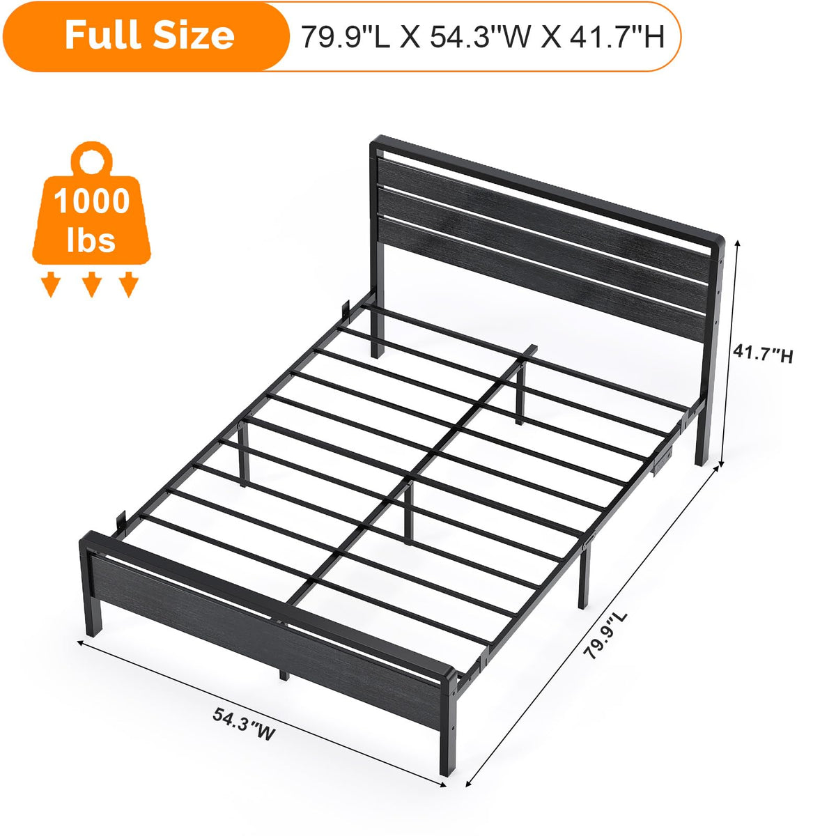 Full Size Metal Platform Bed Frame with LED Headboard and Charging Ports, Black U1842