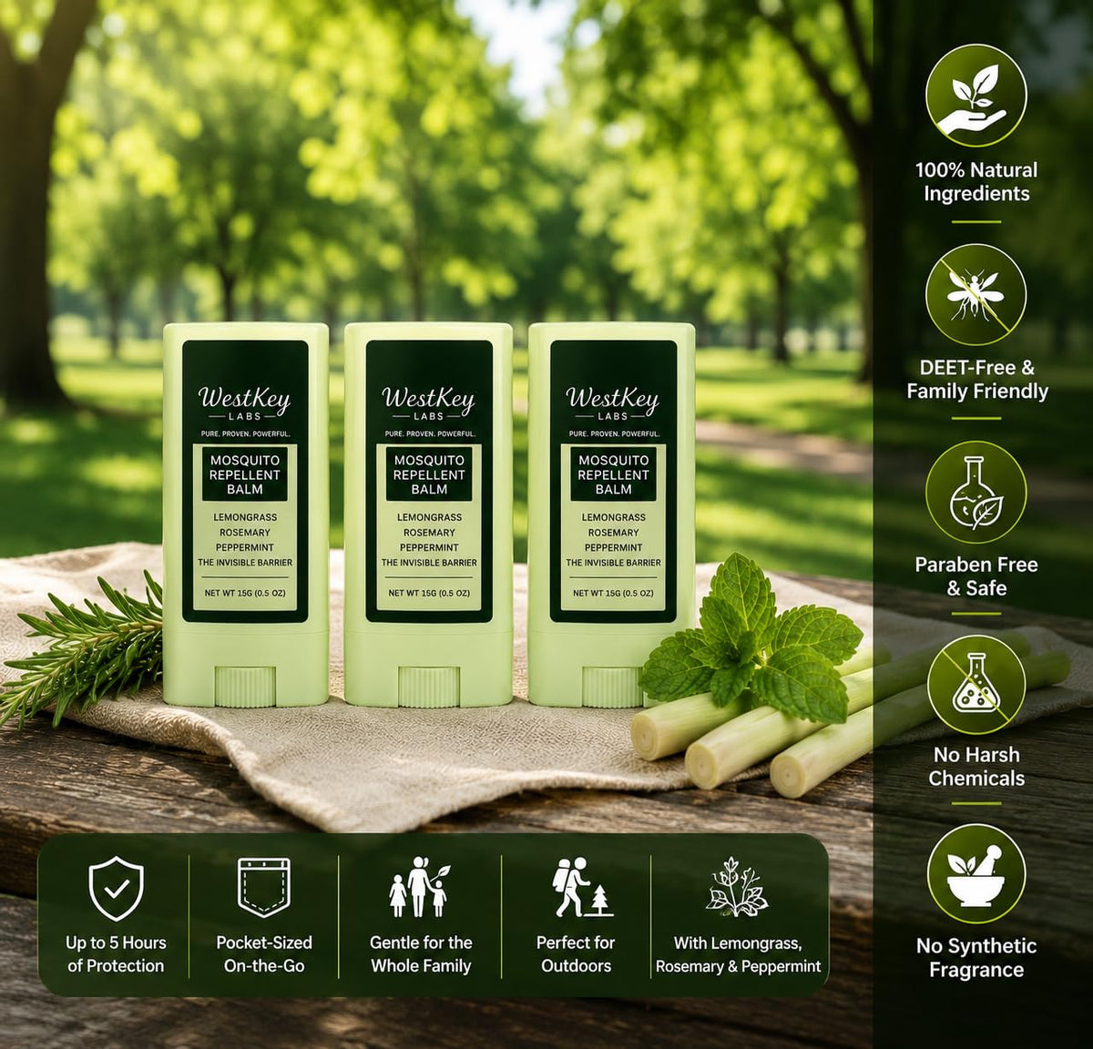 Mosquito Repellent Balm Stick 3-Pack 0.5oz DEET-Free Plant-Based L593