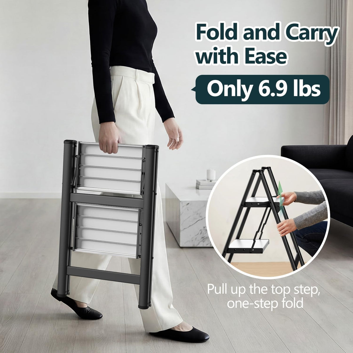 2 Step Ladder, Foldable Step Stool, 300lbs Load, Black & White D7022