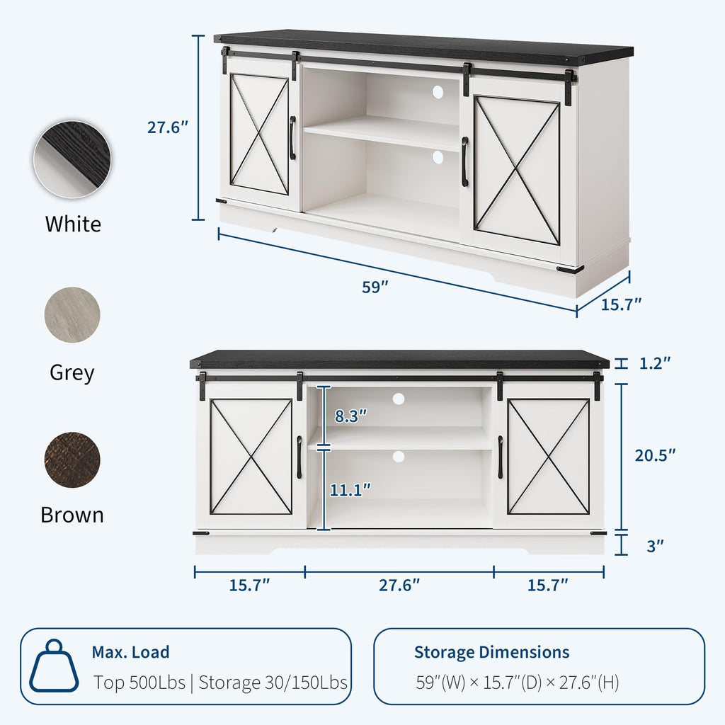 White Farmhouse TV Stand with Sliding Barn Doors V966