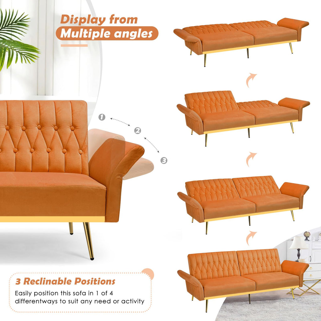70" Velvet Futon with Adjustable Backrest and Armrests R6582