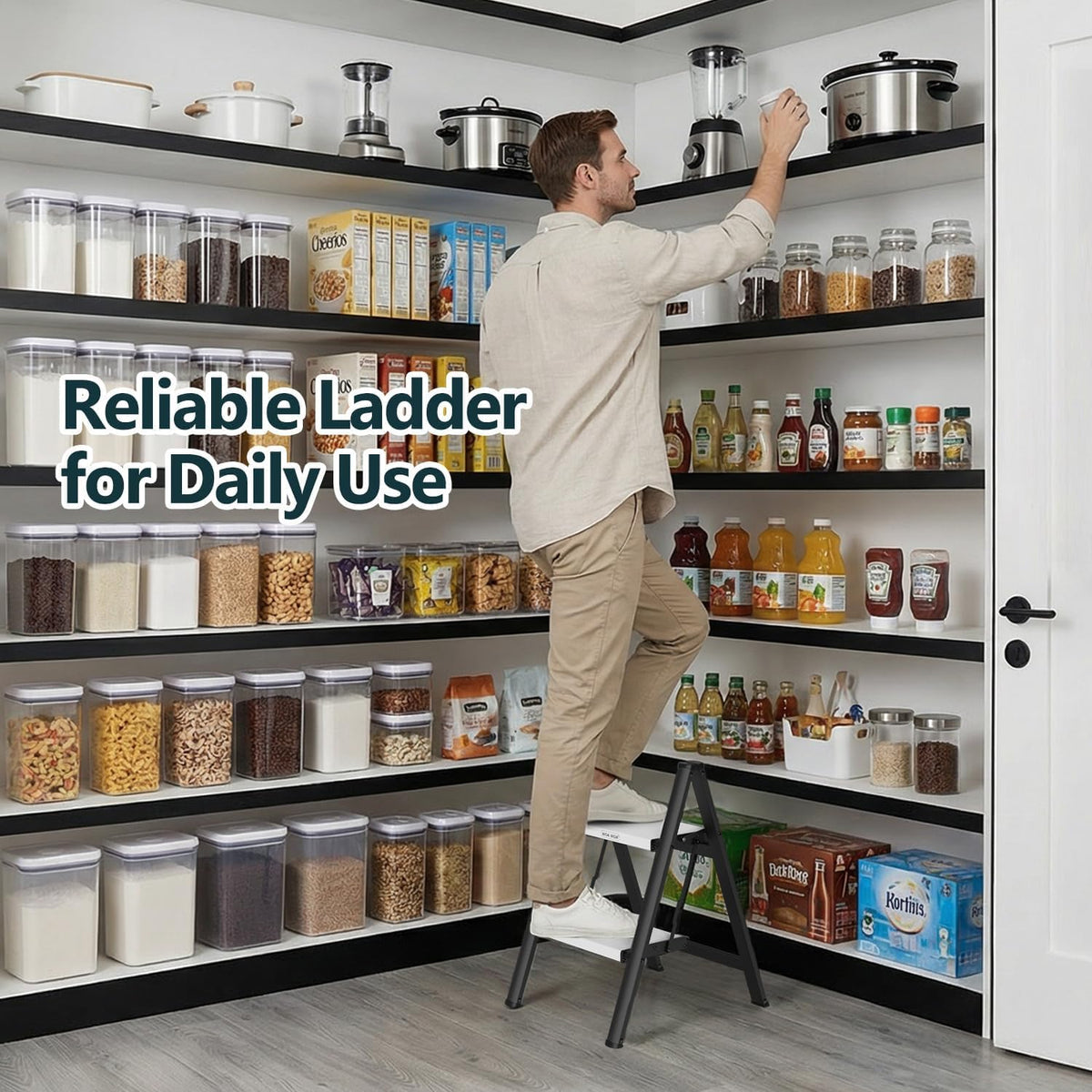2 Step Ladder, Foldable Step Stool, 300lbs Load, Black & White D7022