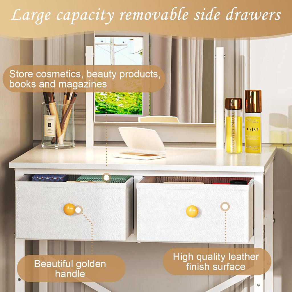 White Compact Vanity Desk with Mirror and Chair M7972