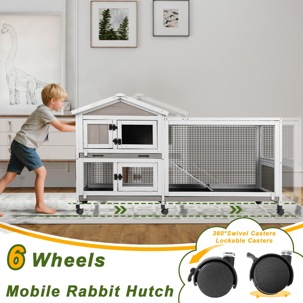 Large Rabbit Hutch with Run 2-Story Bunny Cage 6 Wheels Y228