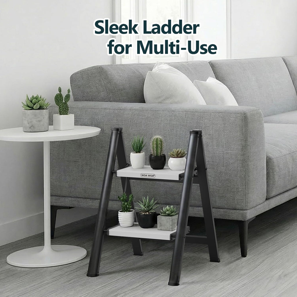 2 Step Ladder, Foldable Step Stool, 300lbs Load, Black & White D7022