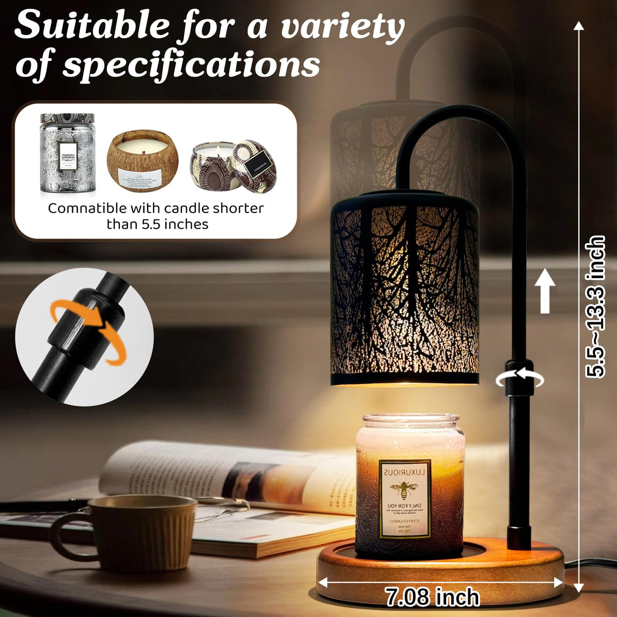 Black Adjustable Height Electric Candle Warmer with Timer and Dimmer A602564