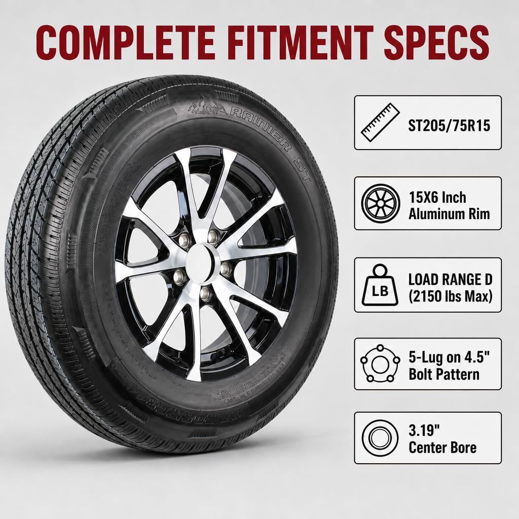 2-Pack Radial Trailer Tire Rim Assembly ST205/75R15 5 Lug Black E612