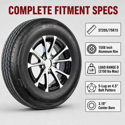 2-Pack Radial Trailer Tire Rim Assembly ST205/75R15 5 Lug Black E612