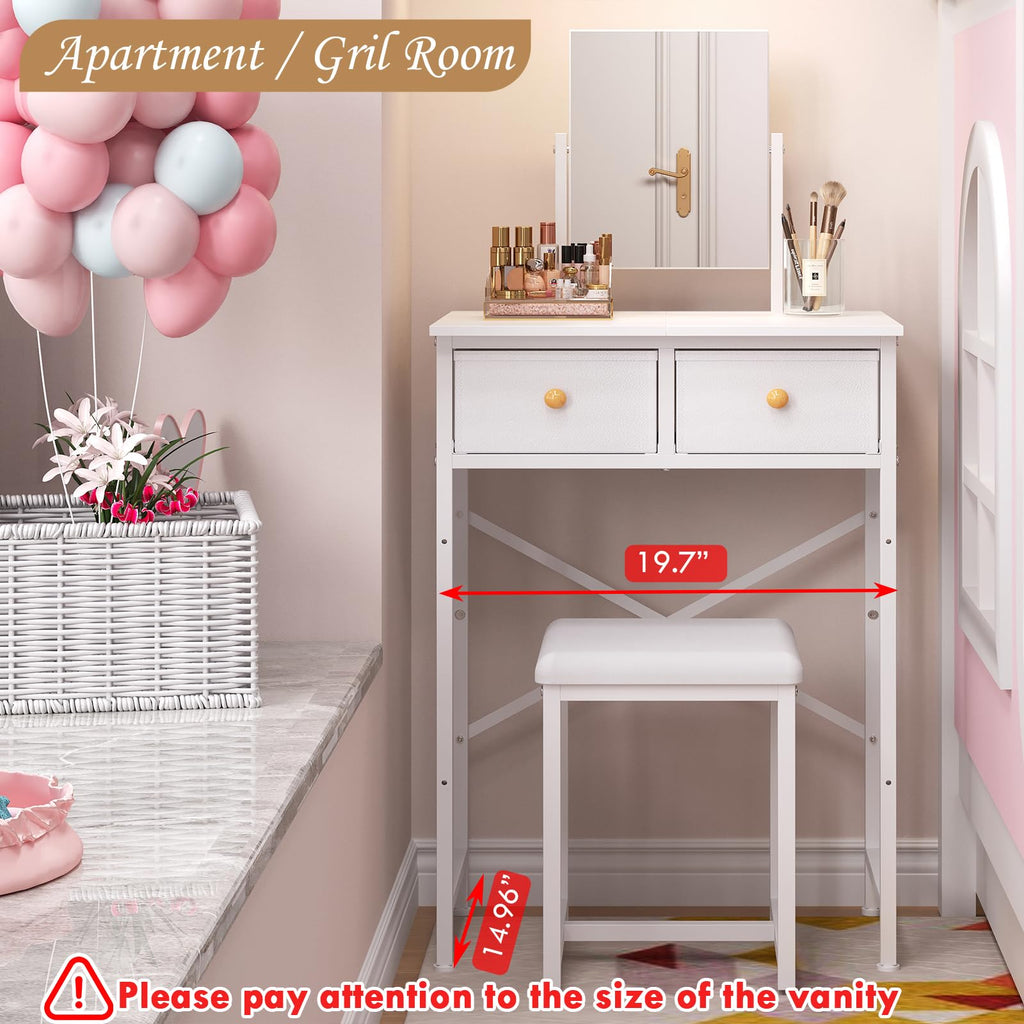 White Compact Vanity Desk with Mirror and Chair M7972