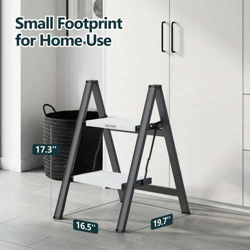 2 Step Ladder, Foldable Step Stool, 300lbs Load, Black & White D7022