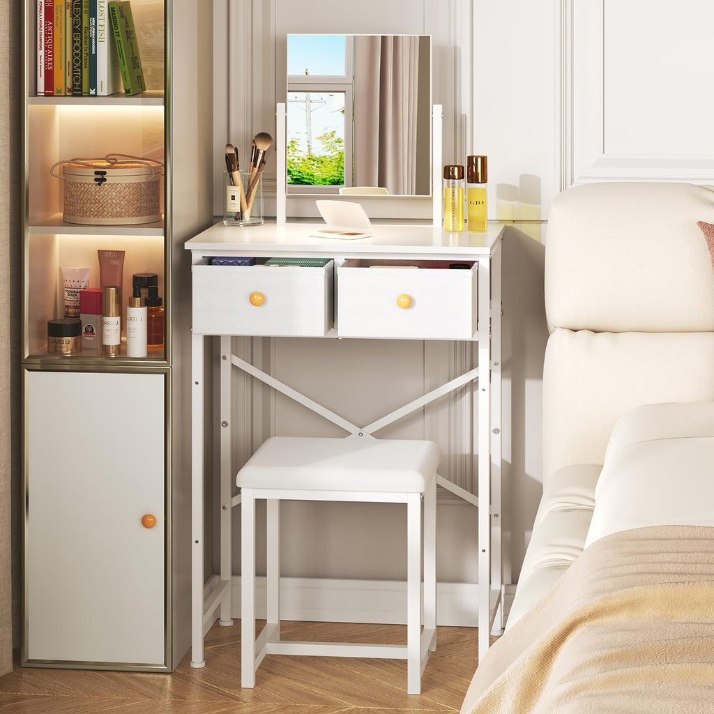 White Compact Vanity Desk with Mirror and Chair M7972