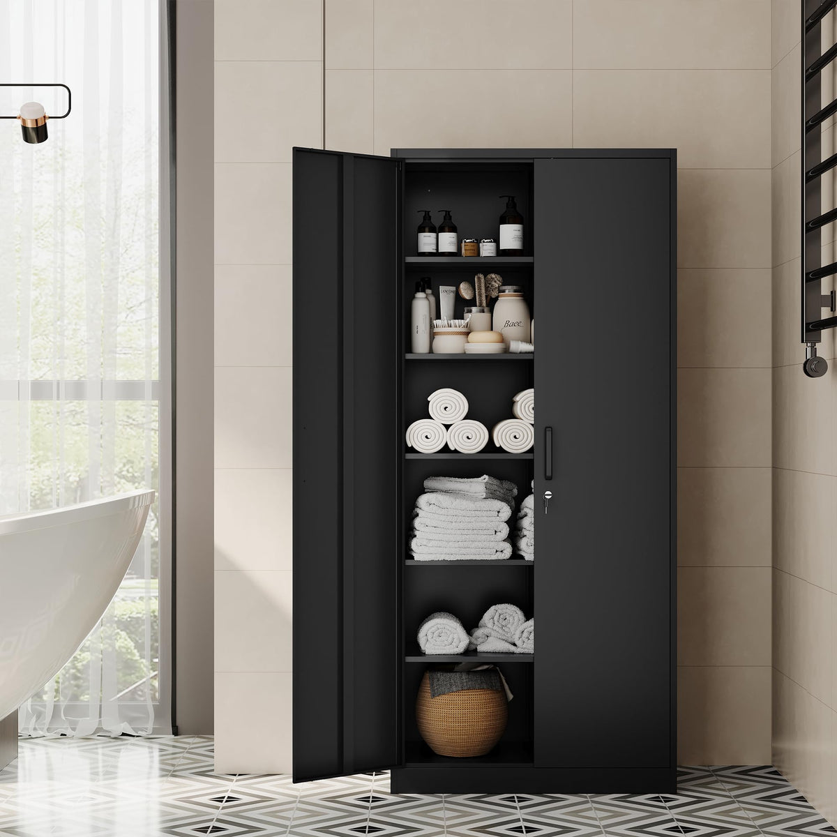 71” Tall Black Steel Storage Cabinet with Lockable Doors and Adjustable Shelves B586