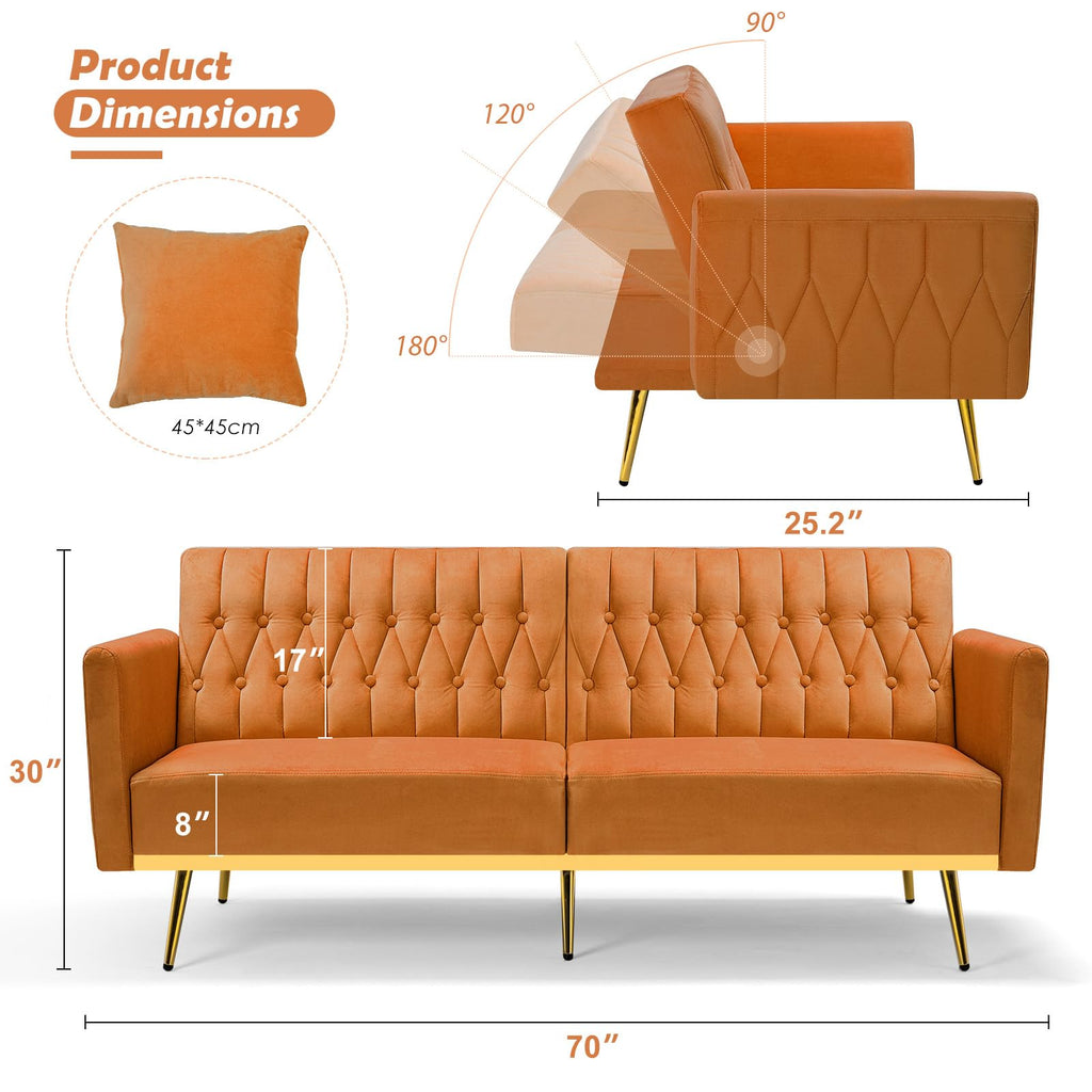 70" Velvet Futon with Adjustable Backrest and Armrests R6582