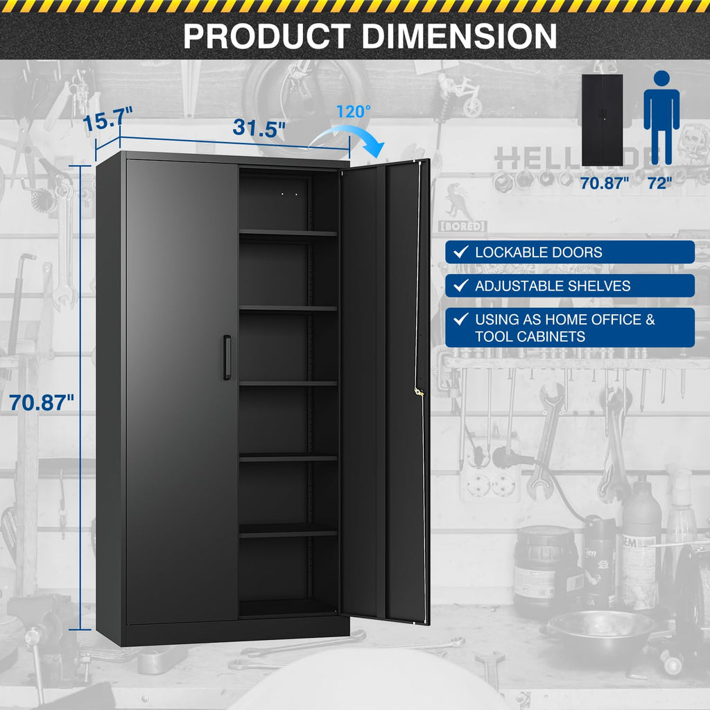 71” Tall Black Steel Storage Cabinet with Lockable Doors and Adjustable Shelves B586
