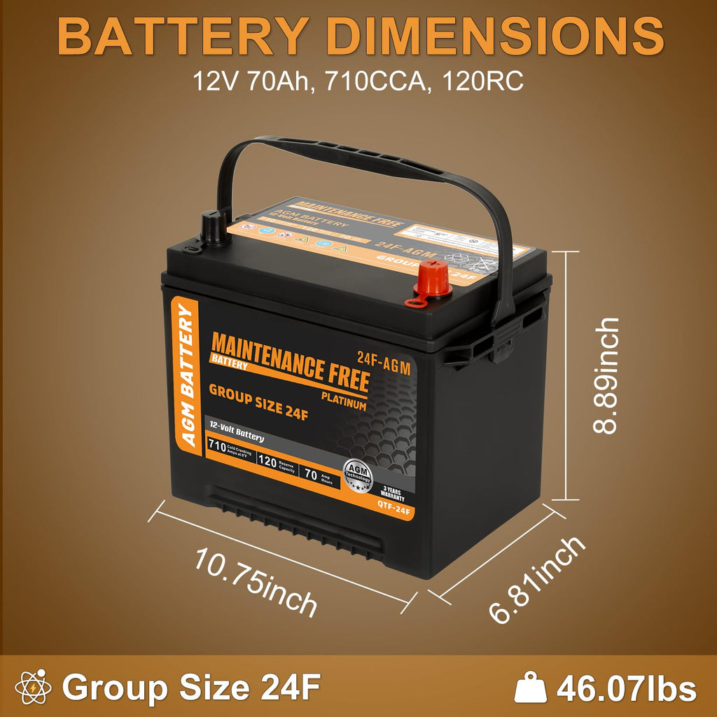 Group Size 24F AGM Automotive Battery 12V 70Ah 710 CCA G187