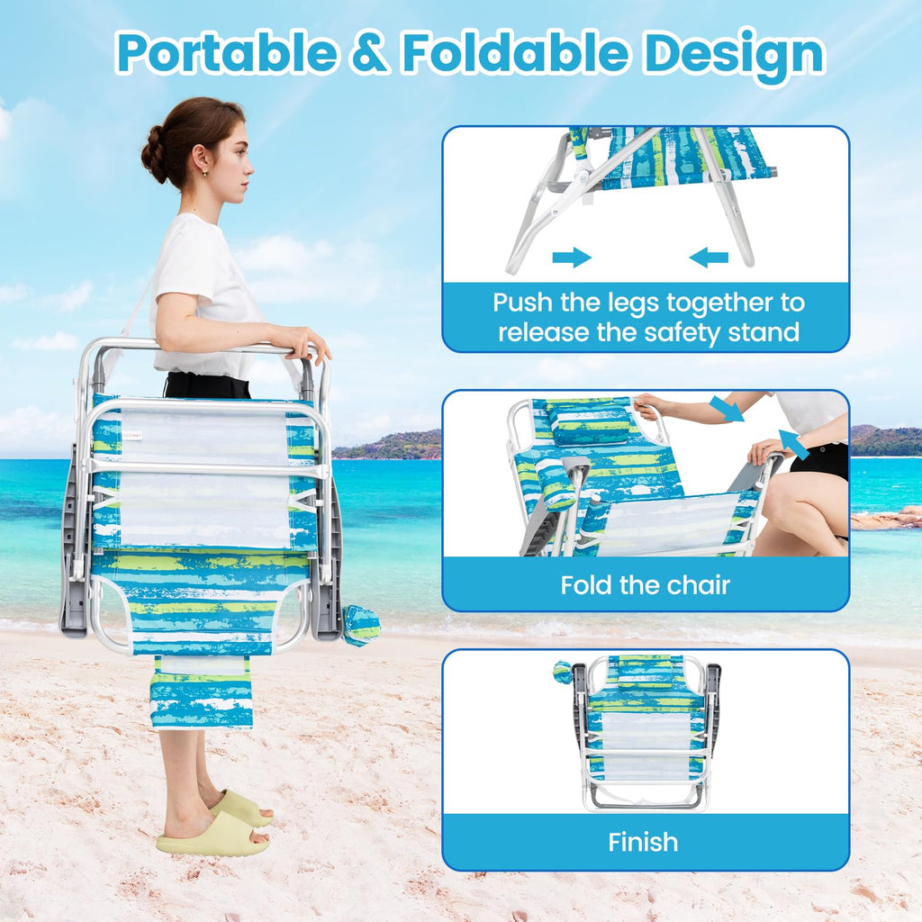 2Pcs Folding Camping Chair with Adjustable Backrest, Cup Holder & Headrest, Green J51574